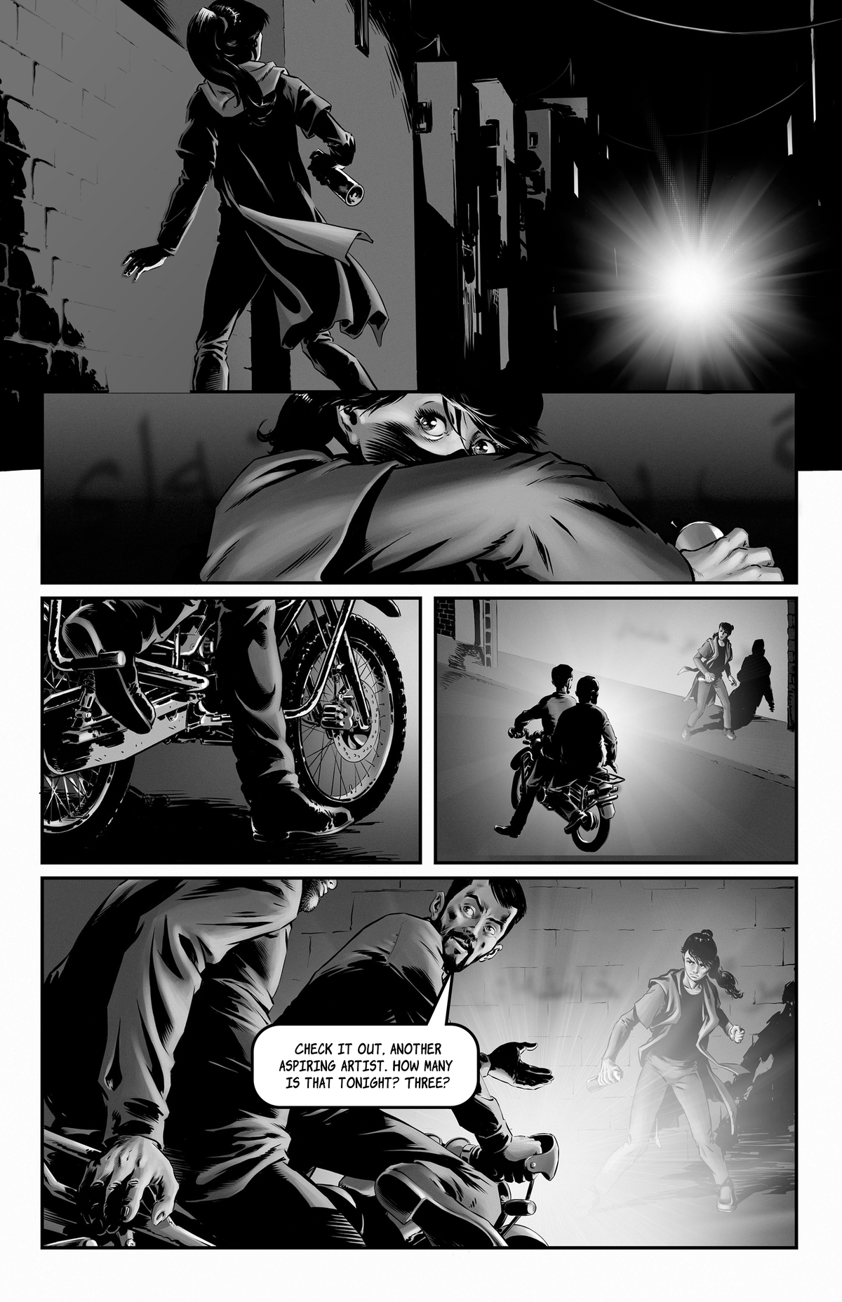 Interior preview from 1401: a tense street scene unfolds across dramatic black-and-white comic panels.